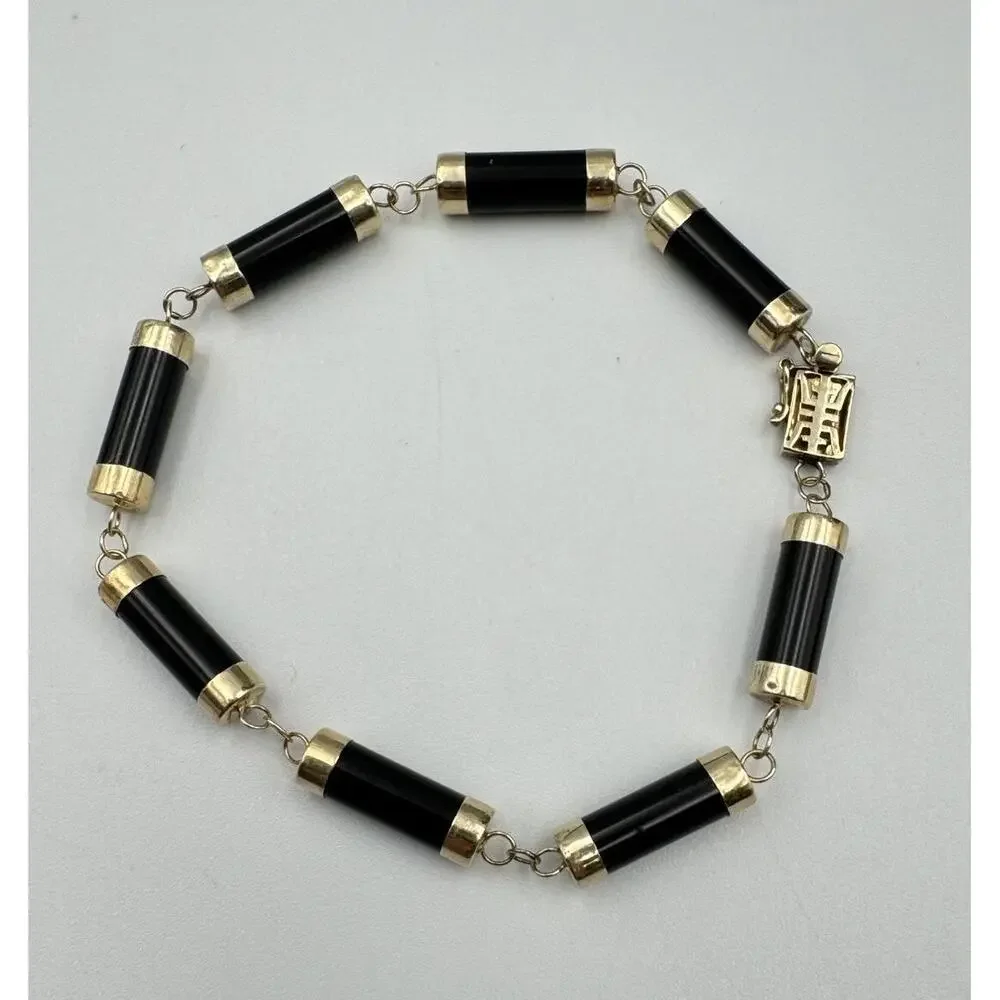 Heng Ngai HN 14k Gold‎ Onyx Cylinder Link Box Clasp Bracelet Estate Jewelry